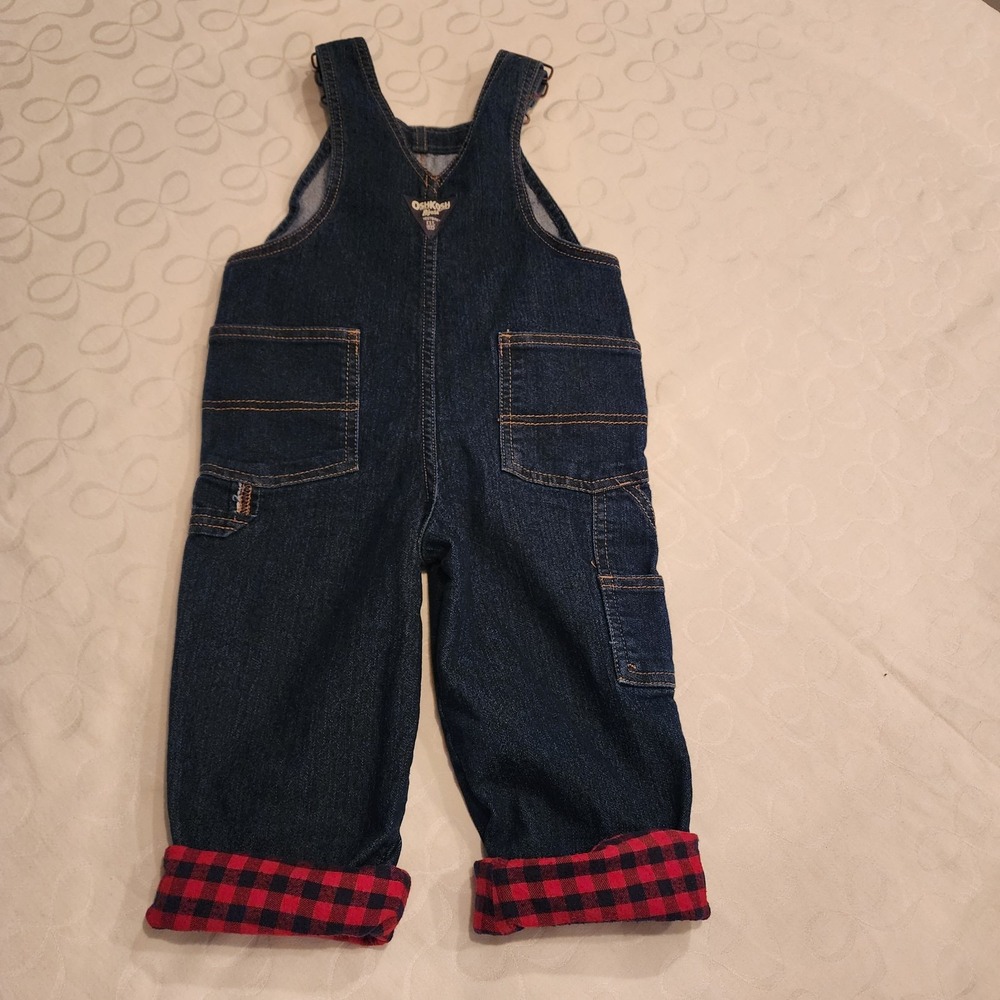 OshKosh B'gosh 3T Carpenter Overalls Dark Wash Denim Flannel Lined Buffalo Plaid - Picture 2 of 16